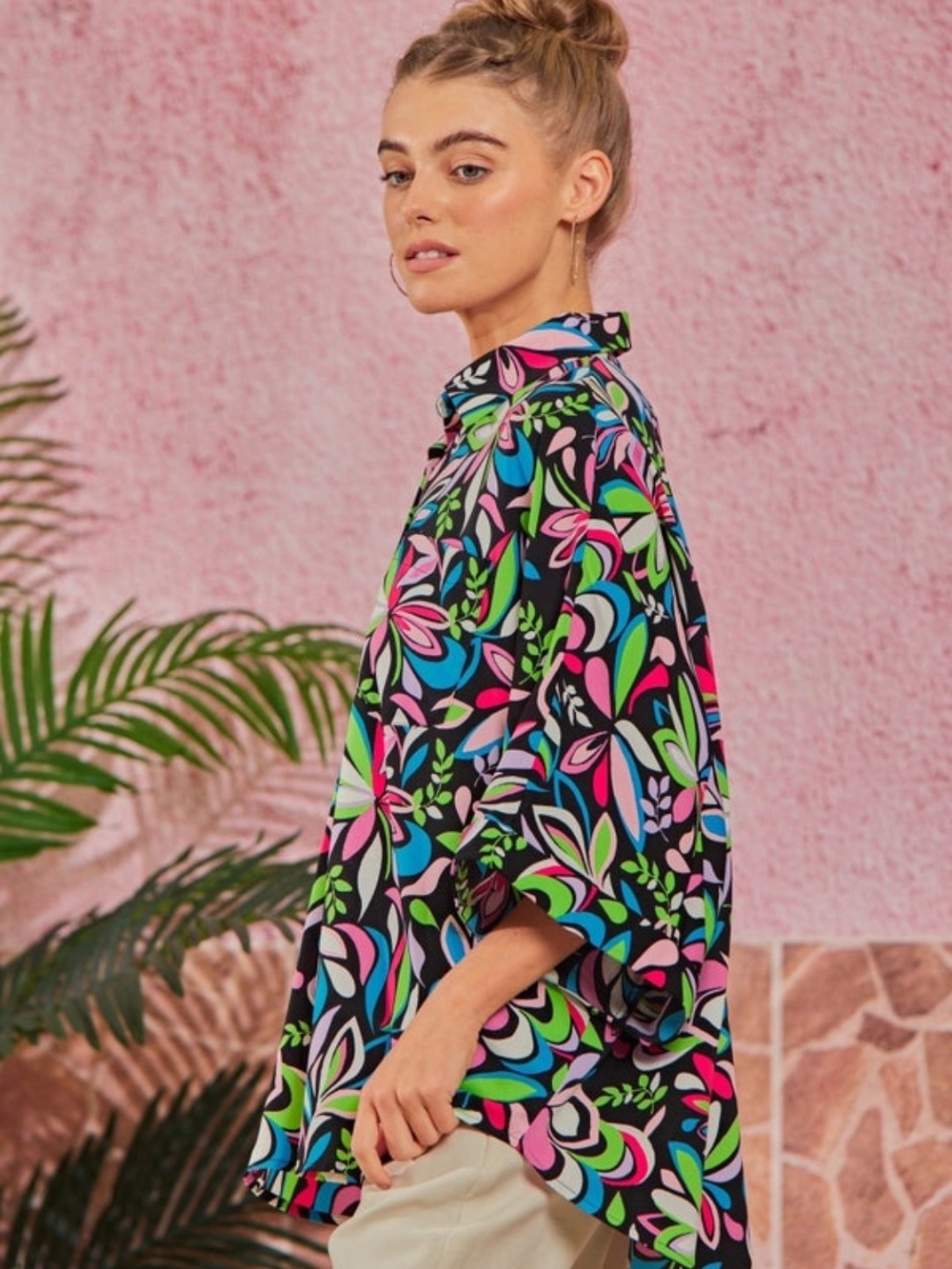 Relaxed Floral-Print Button Front Tunic - Black Multi